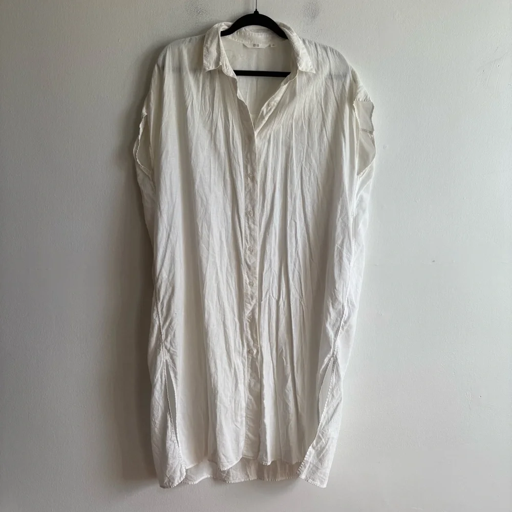 Uniqlo Sz XS Relaxed Oversized Linen Blend White Button Front Shirt Midi Dress - Picture 2 of 12